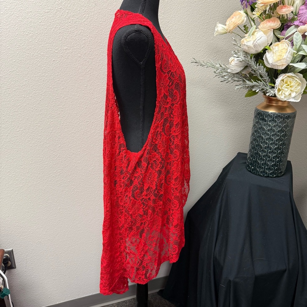 L&B Lucky & Blessed Red Lace Open Front Drape Vest Boho Layering Kimono - Picture 4 of 6